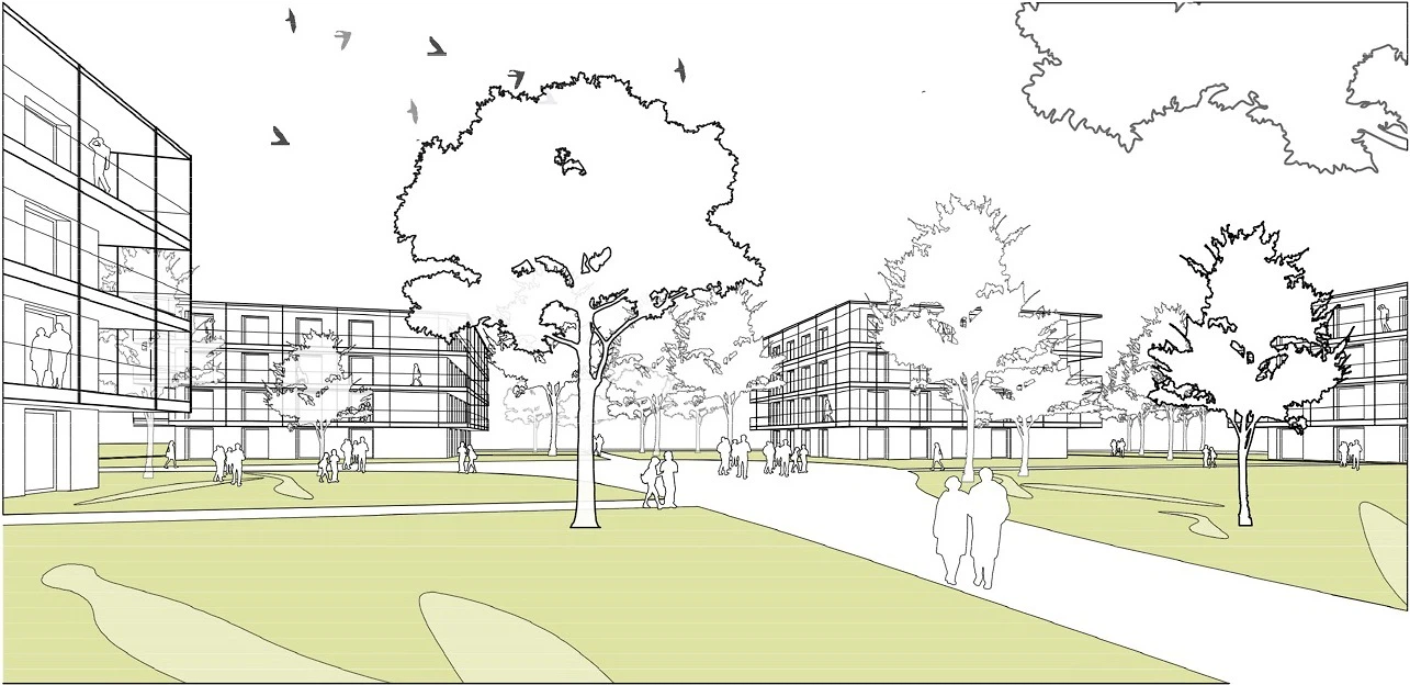 17A ARCHITEKTUR - Blick von Süden in den gemeinschaftlichen Freibereich